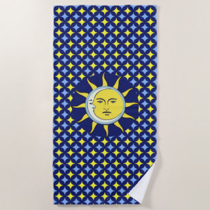 Moon & Sun on Blue & Yellow Star Pattern Beach Towel