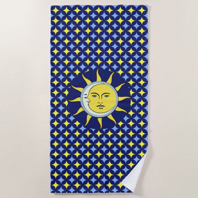 Moon & Sun on Blue & Yellow Star Pattern Beach Towel (Front)