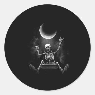 Moon Swinging Skeleton Rock And Roll Halloween Roc Classic Round Sticker