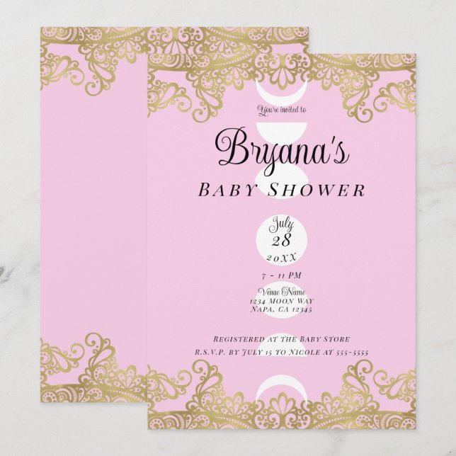 Moon Temple Pink & Gold Ornate Baby Shower Invitation (Front/Back)