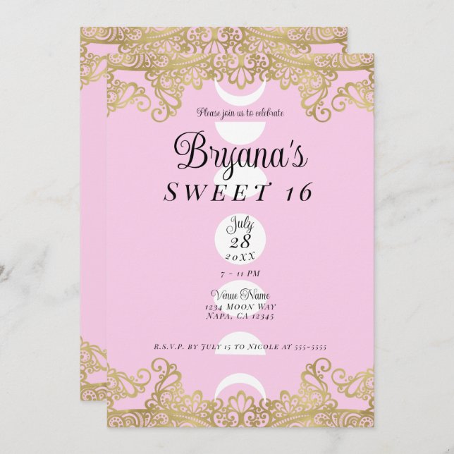 Moon Temple Pink & Gold Ornate Sweet 16 Invitation (Front/Back)