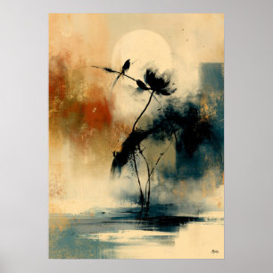 Moon Tsubaki Japanese Sumi-E Abstract Camellia Wal Poster