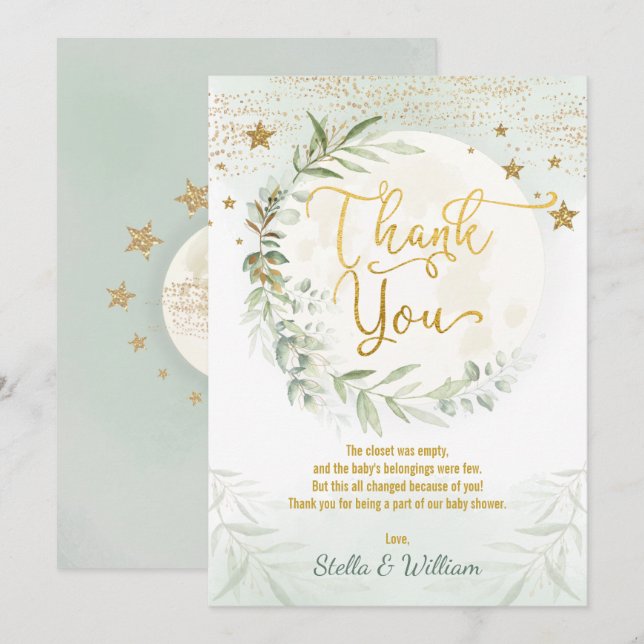 Moon Twinkle Stars Greenery Gold Baby Shower Thank You Card (Front/Back)
