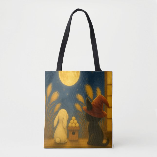 Moon Viewing Night – Black Cat and Rabbit under th Tote Bag (Front)