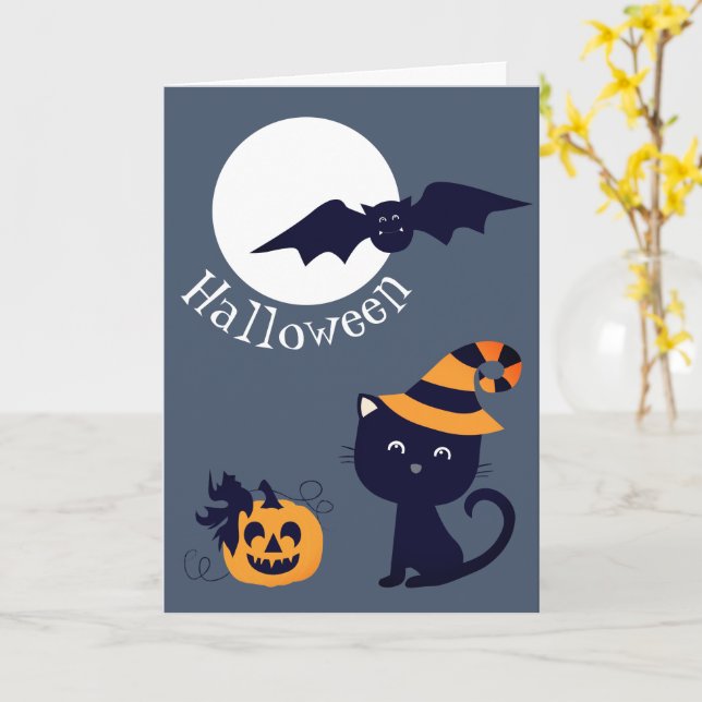 Moon With Bat Pumpkin And Cat Wearing A Witch Hat Card (Yellow Flower)