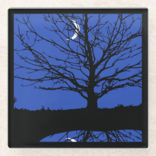 Moon with Tree, Cobalt Blue, Black and White Glass Coaster