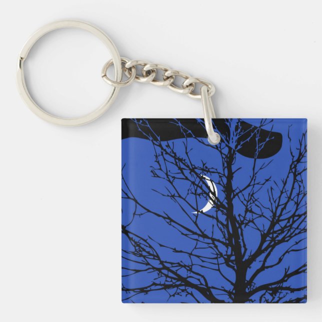 Moon with Tree, Cobalt Blue, Black and White Key Ring (Front)