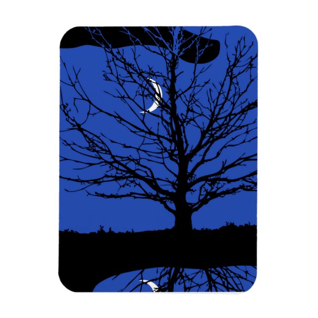 Moon with Tree, Cobalt Blue, Black and White Magnet (Vertical)