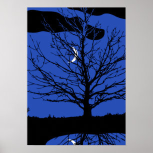 Moon with Tree, Cobalt Blue, Black and White Poster