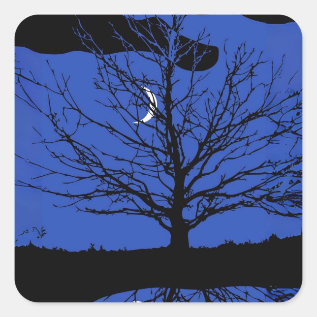 Moon with Tree, Cobalt Blue, Black and White Square Sticker (Front)