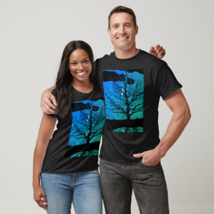 Moon with Tree, Cobalt Blue, Black and White T-Shirt
