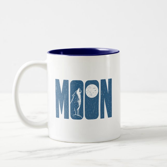 Moon Wolf Halloween Linocut Design Two-Tone Coffee Mug (Left)