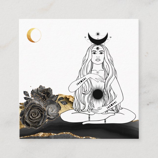 *~* Moon Yoga Luna Rose Goddess Black Gold Square Business Card (Front)