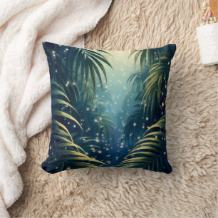Moonbeam painted palm leaves and fireflies cushion