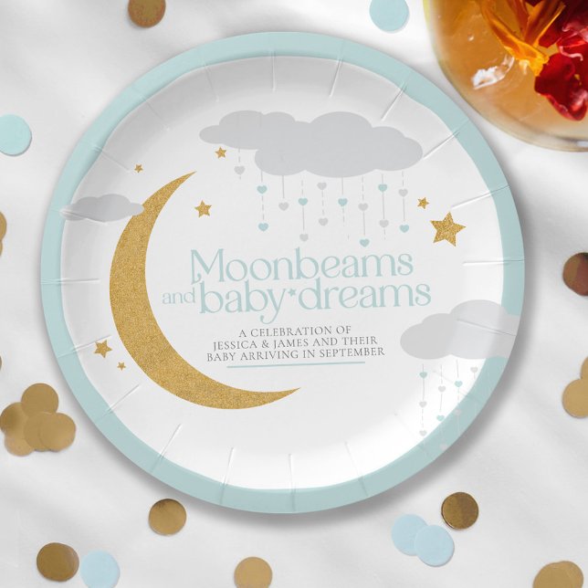 Moonbeams and baby dreams baby shower blue paper plate (Creator Uploaded)