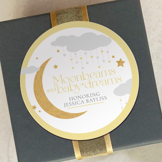 Moonbeams and baby dreams baby shower yellow classic round sticker (Creator Uploaded)