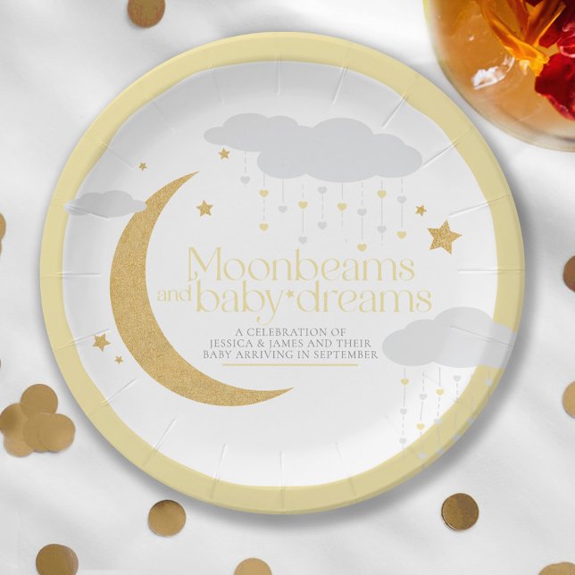 Moonbeams and baby dreams baby shower yellow paper plate (Creator Uploaded)