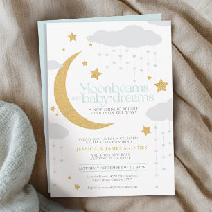 Moonbeams and baby dreams blue baby shower  invitation