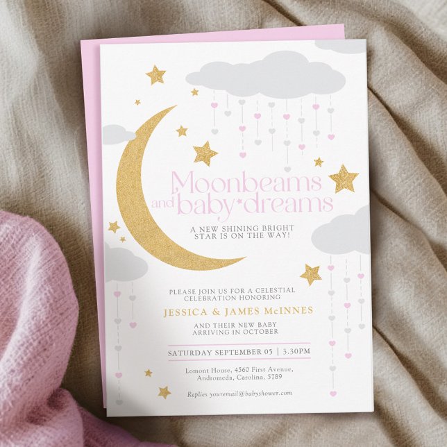 Moonbeams and baby dreams pink baby shower  invitation (Creator Uploaded)