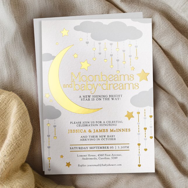 Moonbeams baby dreams grey gold foil baby shower  (Creator Uploaded)