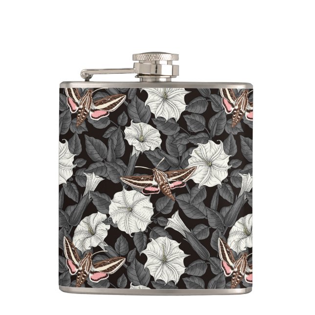 Moonflowers and sphinx moths 2 hip flask (Front)