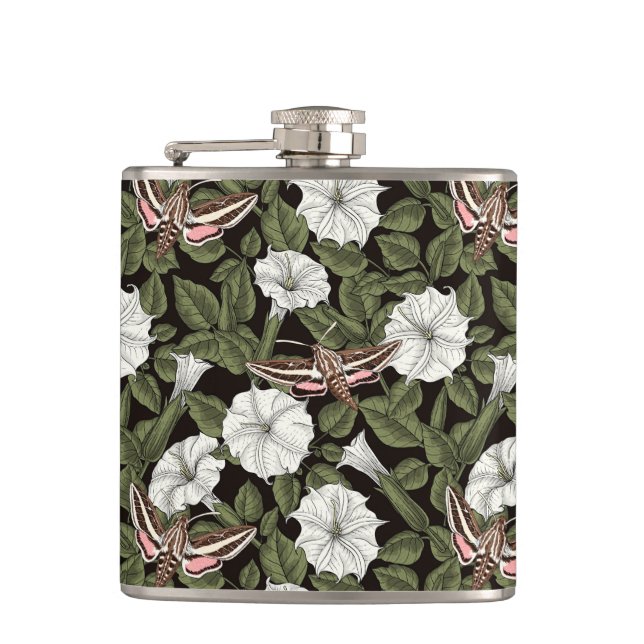 Moonflowers and sphinx moths hip flask (Front)
