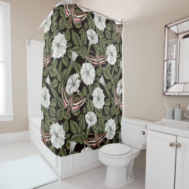 Moonflowers and sphinx moths shower curtain (In Situ)