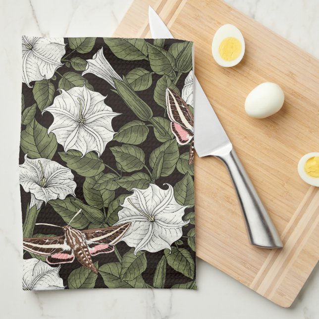 Moonflowers and sphinx moths tea towel (Quarter Fold)