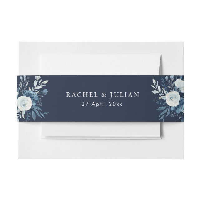 Moonlight Blue floral belly band Invitation Belly Band (Front Example)