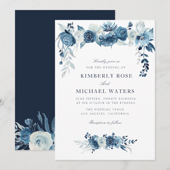 moonlight blue floral frame wedding invitation (Front/Back)