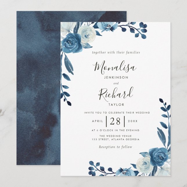 moonlight blue flowers wedding invitation (Front/Back)