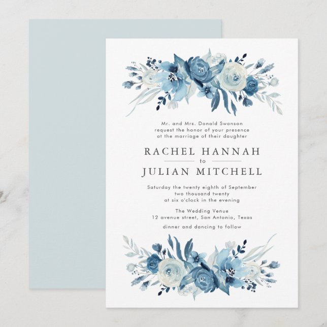 Moonlight blue watercolor floral wedding invitation (Front/Back)
