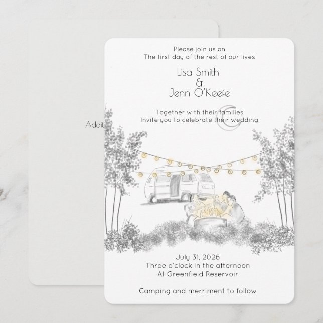 Moonlight Camping Hand Drawn Wedding Invitation (Front/Back)