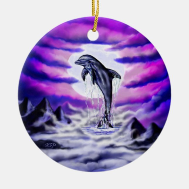 Moonlight Dolphin Ceramic Tree Decoration (Front)