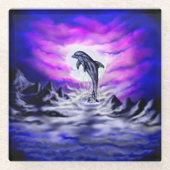 Moonlight Dolphin Glass Coaster (Front)