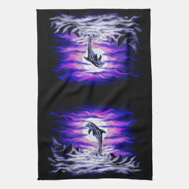 Moonlight Dolphin Tea Towel (Vertical)