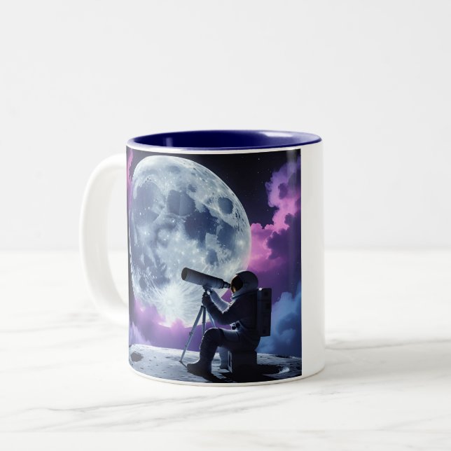 Moonlight Explorer – Astronaut & Telescope T-Shirt Two-Tone Coffee Mug (Front Left)