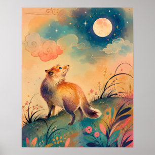 MOONLIGHT FOX FOLK ART WOODLAND NIGHT POSTER