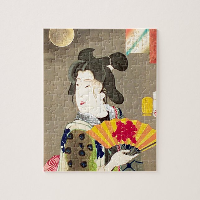 Moonlight Geisha Japanese Woodblock Ukiyo-e Jigsaw Puzzle (Vertical)