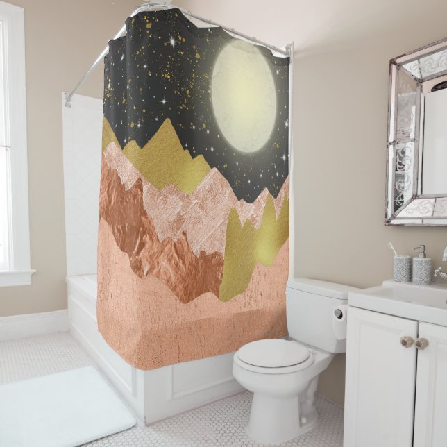 Moonlight Glow Abstract Rose Gold Mountains Shower Curtain (In Situ)