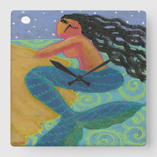 Moonlight Mermaid Abstract Art Square Wall Clock