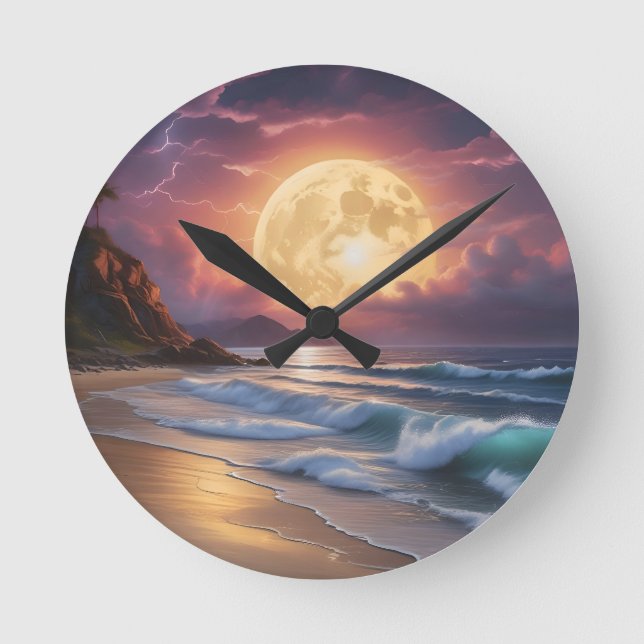 Moonlight Midnight Beach 6 Round Clock (Front)