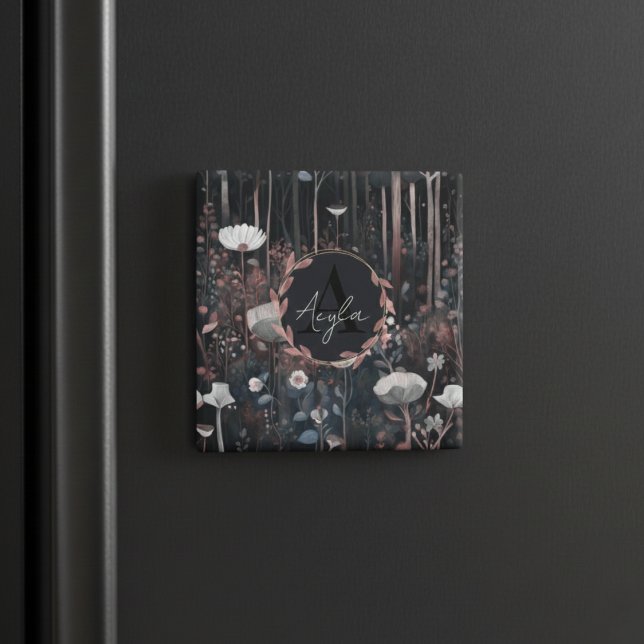 Moonlight Monogram Whimsical Forest Wildflowers  Magnet (Creator Uploaded)