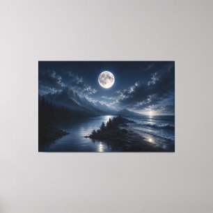 Moonlight Mountain Lake Wall Art Canvas- Full Moon