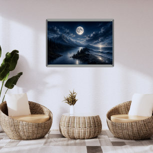 Moonlight Mountain Lake Wall Art Poster- Full Moon
