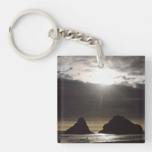 Moonlight Over Ocean Rocks Oregon Key Ring