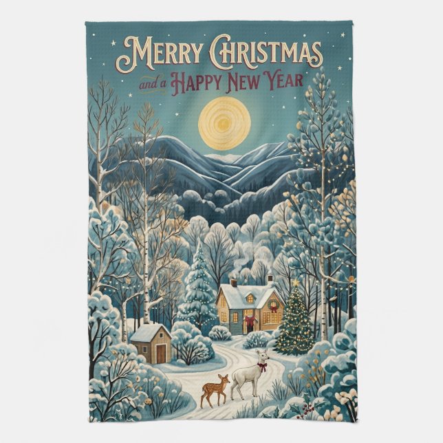 Moonlight Over Winter Valley Tea Towel (Vertical)
