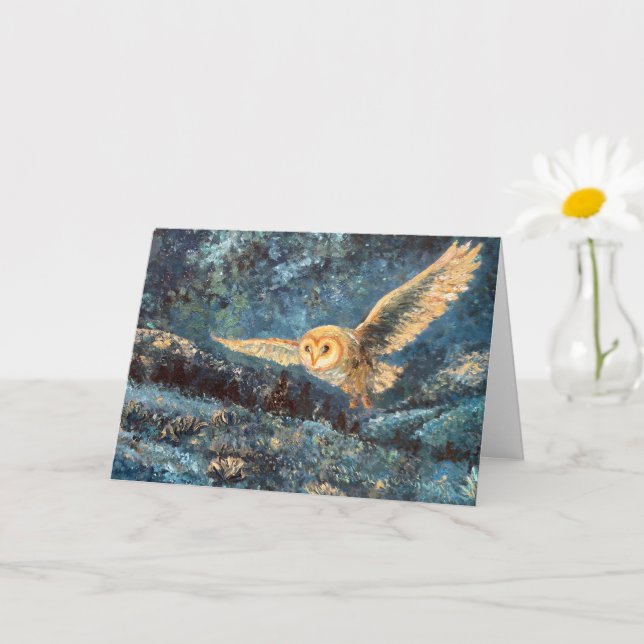 Moonlight Owl: Barn Owl in Starry Moonlit Meadow Card (Small Plant)