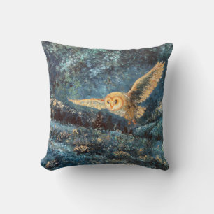 Moonlight Owl: Barn Owl in Starry Moonlit Meadow Cushion