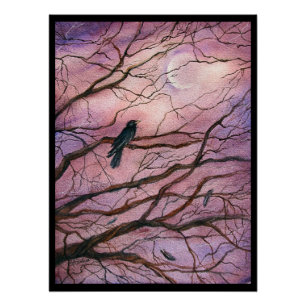 Moonlight Raven Watercolor Art Poster